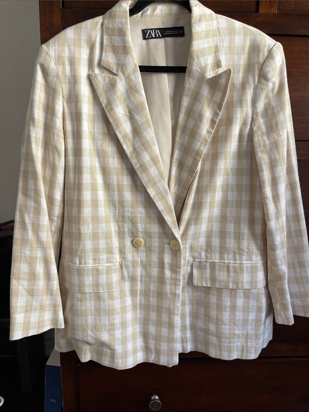 ZARA Beige & White Checked Double-Breasted Blazer
